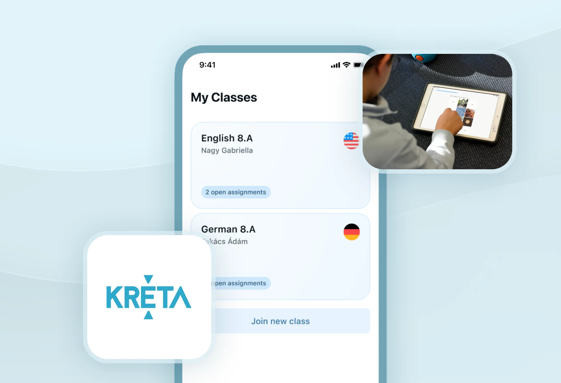 Captura de pantalla de la integración de KRÉTA de Xeropan, que muestra a un estudiante usando una tableta y la función 'Mis Clases', permitiendo a los estudiantes de K-12 acceder al plan de estudios completo.